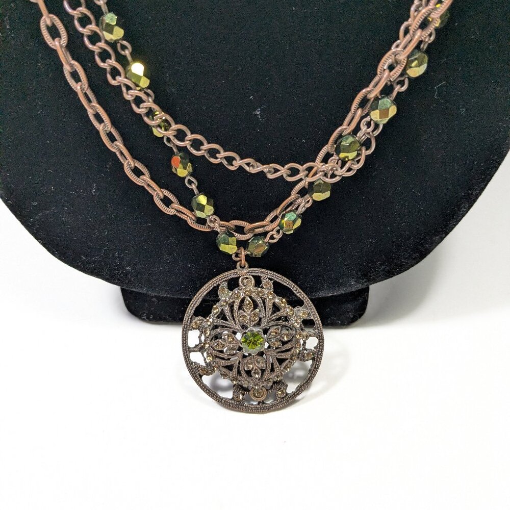 Seasonal Whispers Statement Necklace 3 Strand Faceted Stone Beads Pendant - Picture 2 of 8